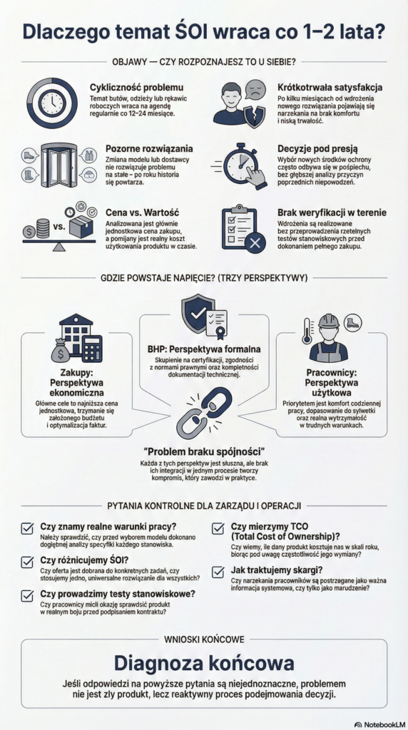 Infografika pokazująca, dlaczego problem z butami roboczymi, odzieżą roboczą i rękawicami roboczymi wraca w firmach – cykl: zakup, narzekania, zmiana dostawcy BHP i ponowny problem.