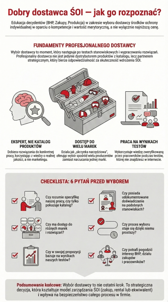 Checklista wyboru dostawcy środków ochrony indywidualnej w firmie – kryteria oceny partnera do wdrożenia butów roboczych, odzieży i rękawic.