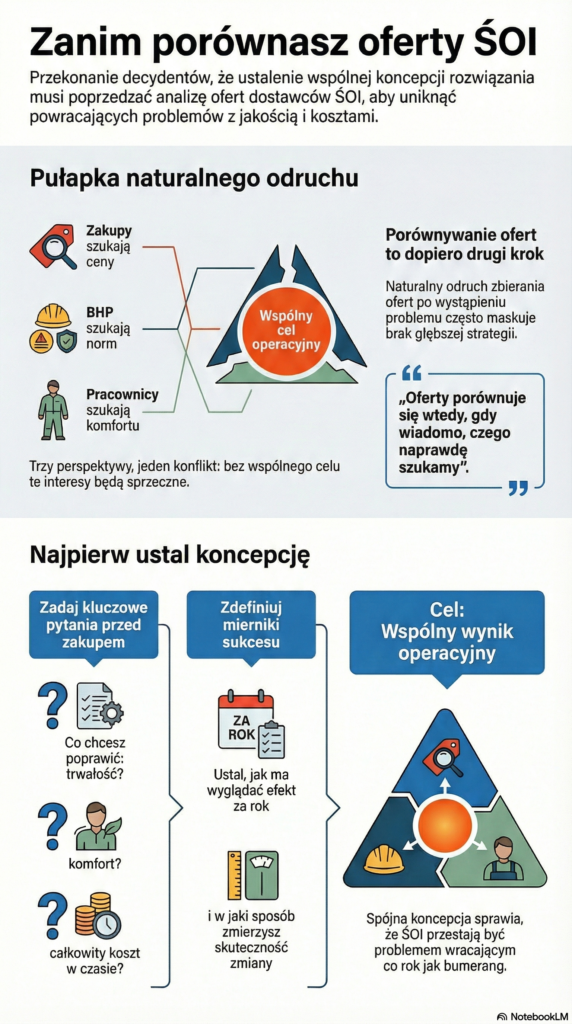 Infografika przedstawiająca proces wyboru środków ochrony indywidualnej w firmie – od identyfikacji problemu z butami roboczymi, odzieżą i rękawicami do ustalenia celu zmiany przed analizą ofert.