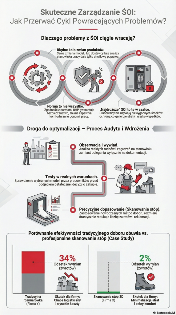 Infografika przedstawiająca proces wdrożenia ŚOI w firmie – od dopasowania rozmiarów i skanowania stóp, przez wydanie odzieży i butów roboczych, aż po użytkowanie i weryfikację na stanowisku pracy