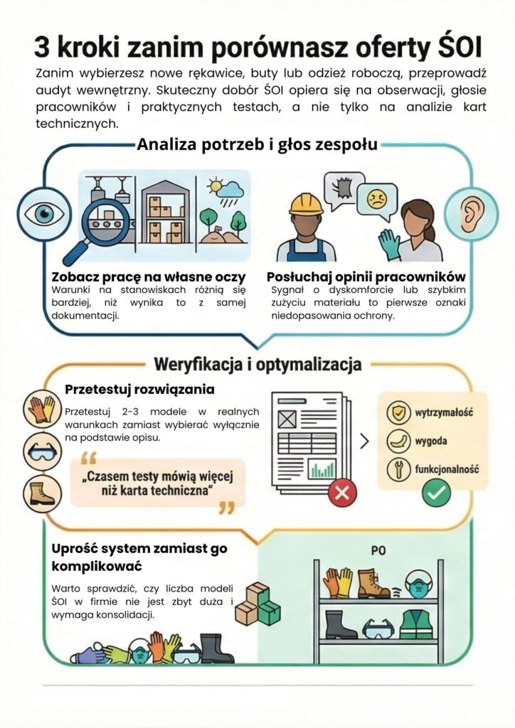 Infografika pokazująca proces doboru środków ochrony indywidualnej w firmie: obserwację pracy, rozmowę z pracownikami i testy ŚOI w realnych warunkach przed wyborem rozwiązań.