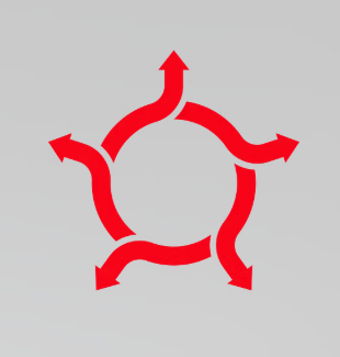 Grafika przedstawiająca okrąg z wychodzącymi na zewnątrz strzałkami symbolizującymi brak zamkniętego obiegu w modelu rentalu odzieży roboczej i utratę kontroli nad procesem.