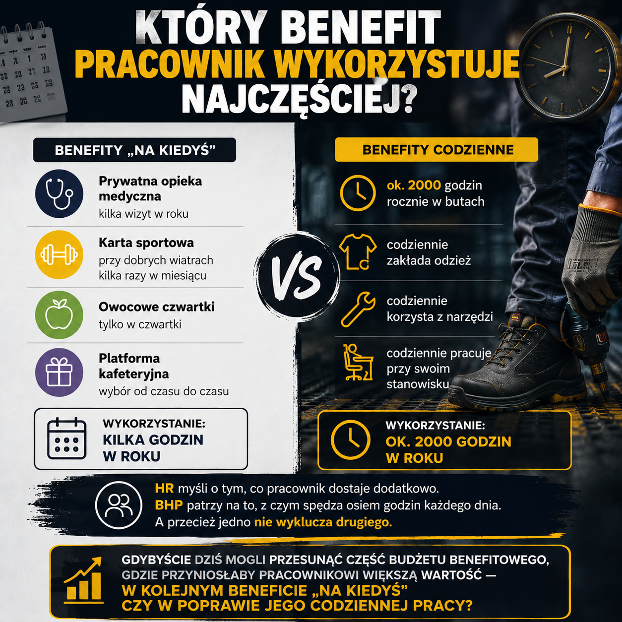 Pracownik produkcji w dobrze dopasowanych butach i odzieży roboczej, pokazujący codzienny komfort pracy jako praktyczny benefit pracowniczy.